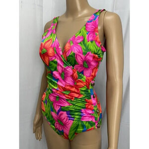 VTG Rare ILGWU Esther Williams Swimwear One Piece Bathing Suit Sz 8 Neon Floral